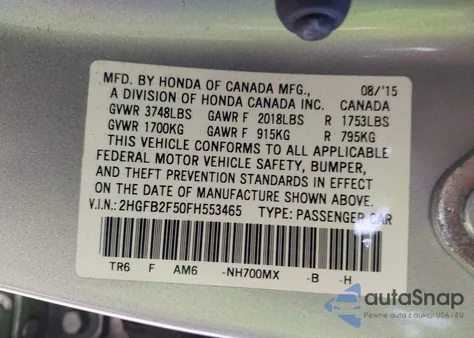 2015 Honda Civic Lx z USA, uszkodzony, nr VIN 2HGFB2F50FH553465